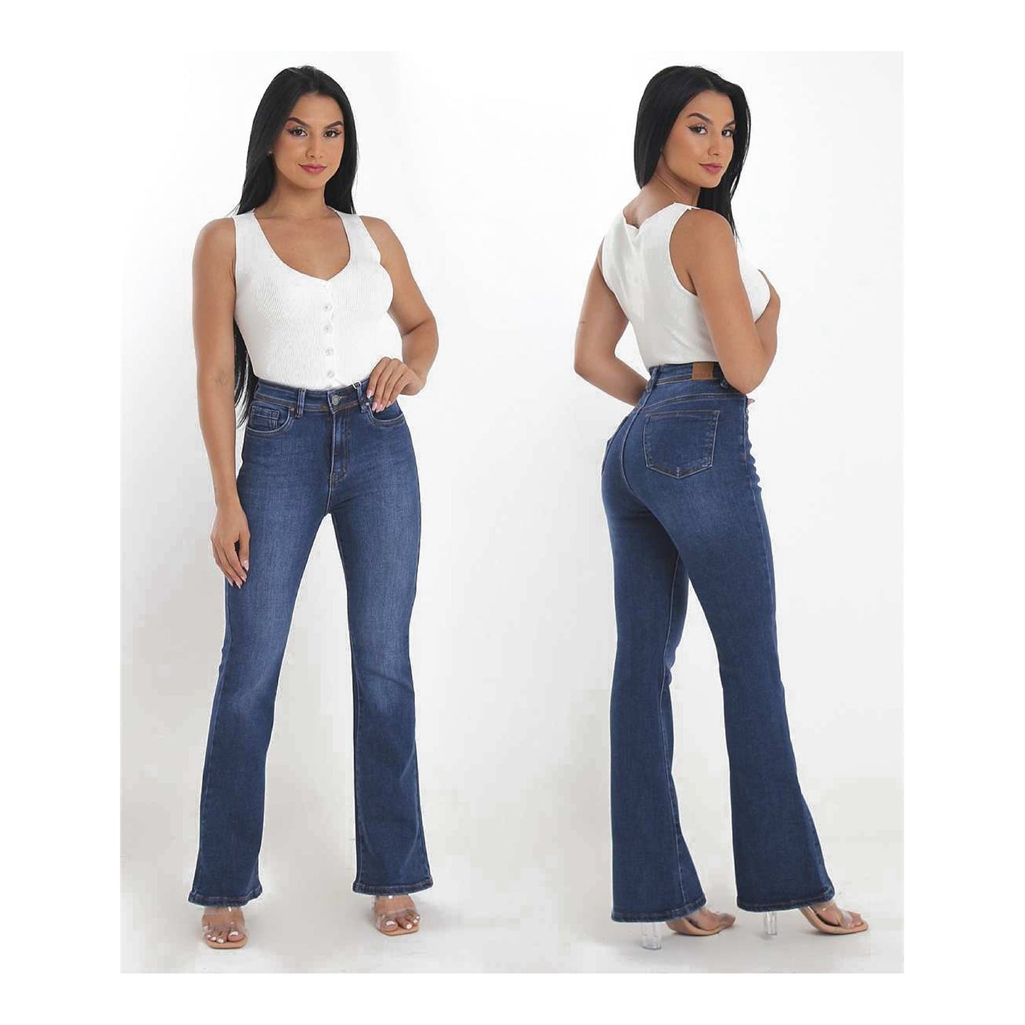 JEANS TIRO ALTO ACAMPANADO AZUL DESGASTADO