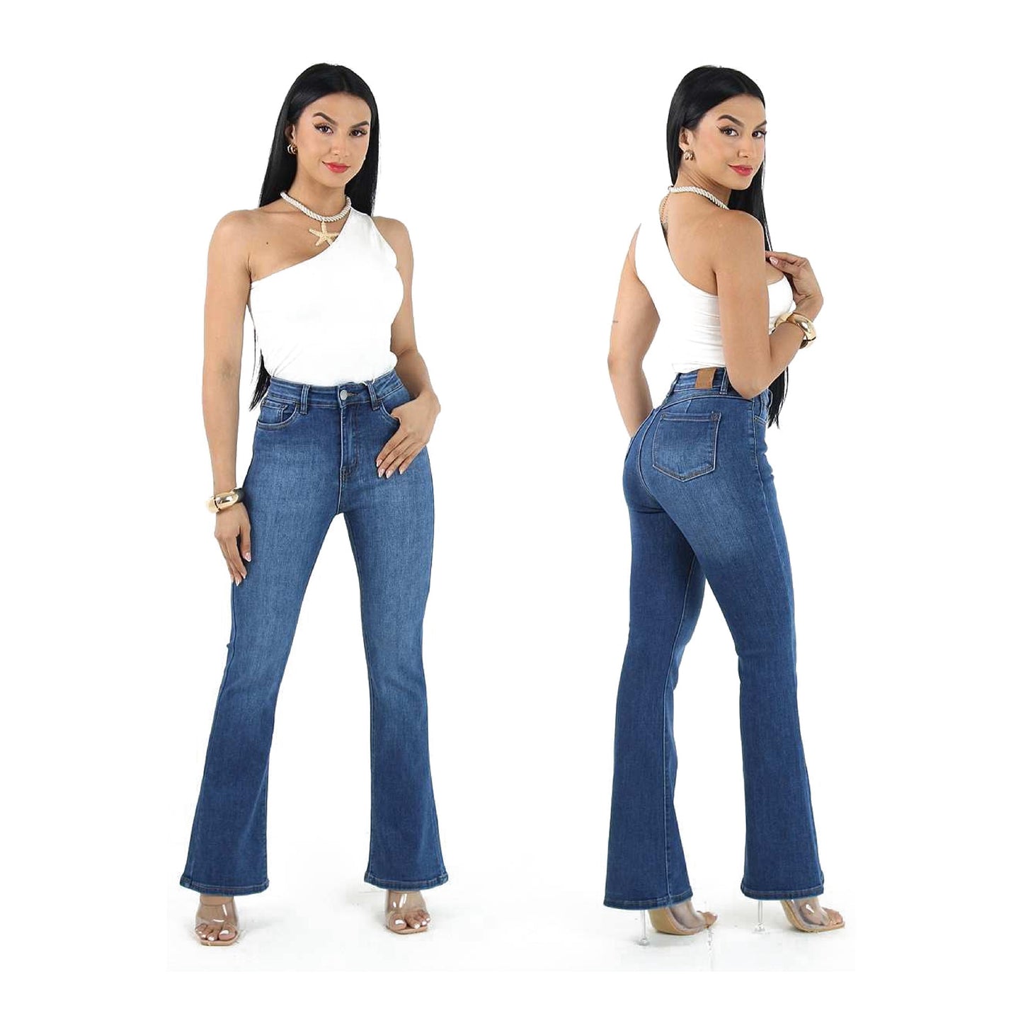 JEANS TIRO ALTO ACAMPANADO AZUL MEDIO CON LAVADO