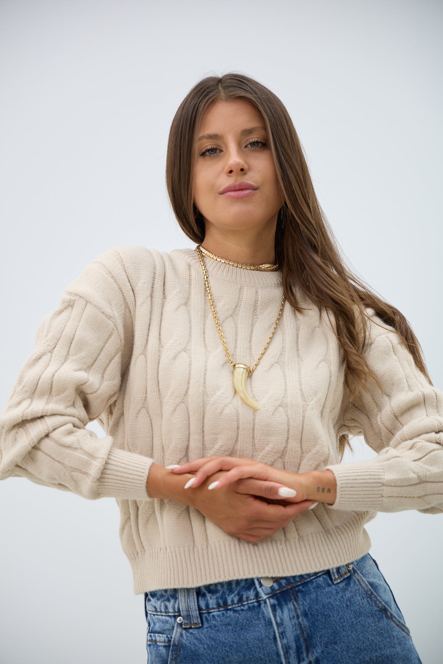 SWEATER TEJIDO TRENZADO BEIGE