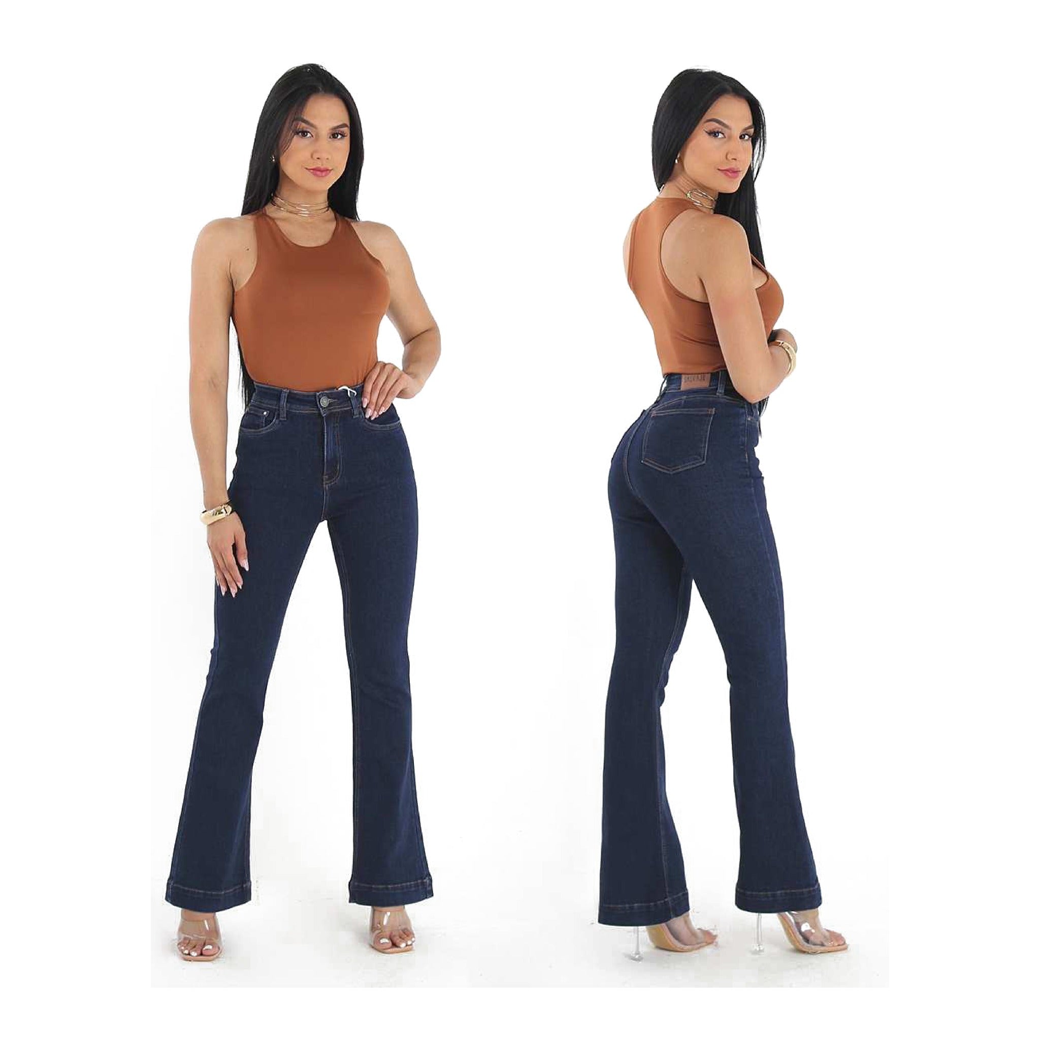 JEANS TIRO ALTO ACAMPANADO CON BASTA ANCHA AZUL