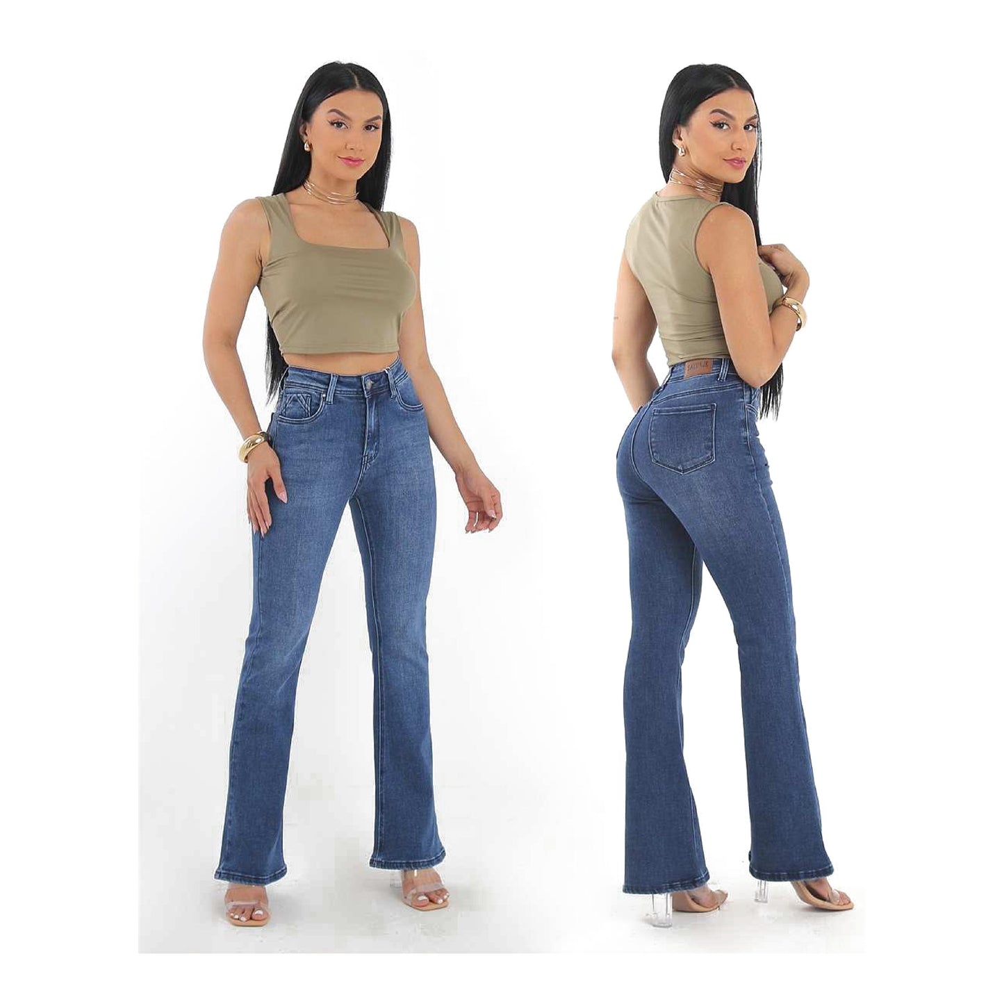 JEANS TIRO ALTO ACAMPANADO AZUL MEDIO
