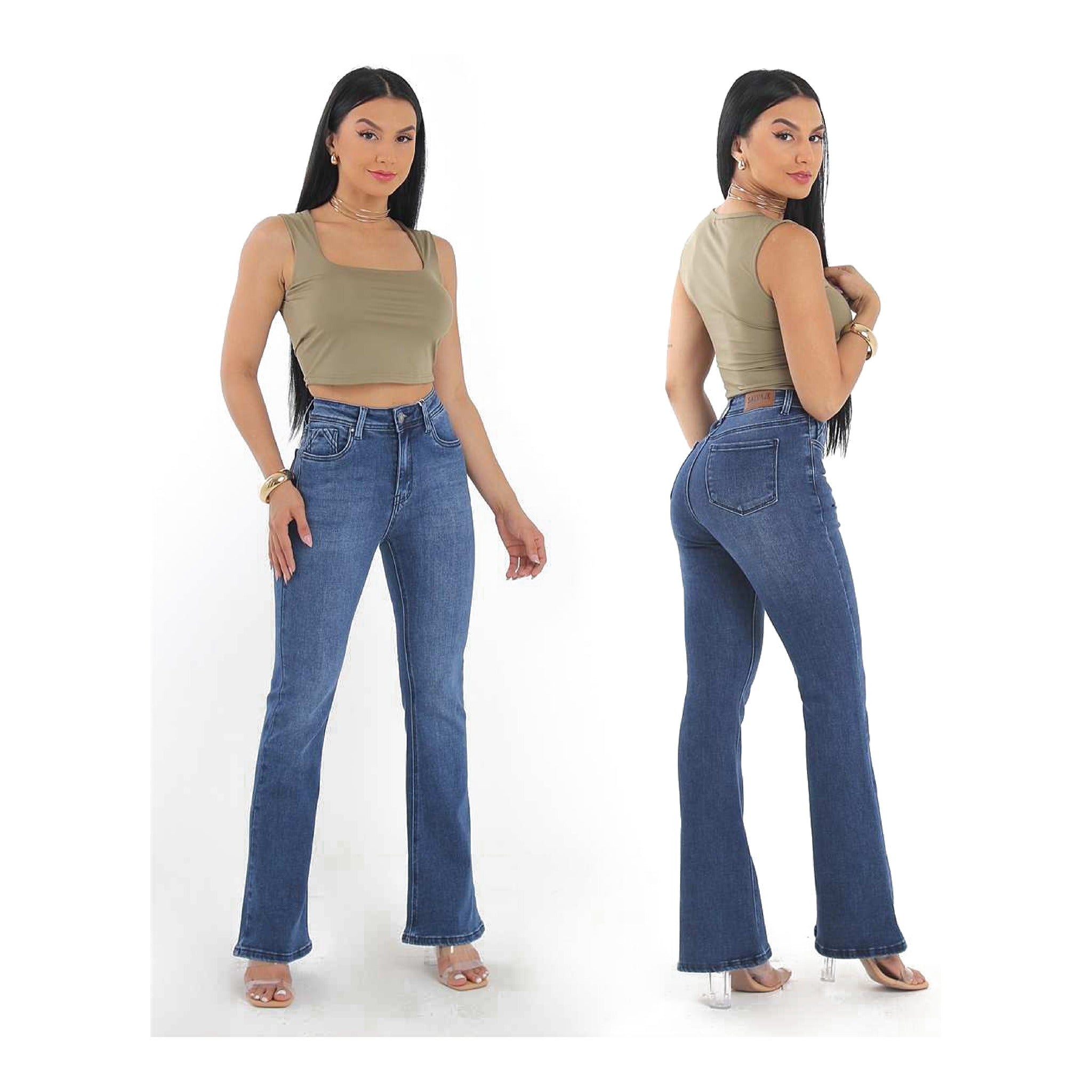 JEANS TIRO ALTO ACAMPANADO AZUL MEDIO