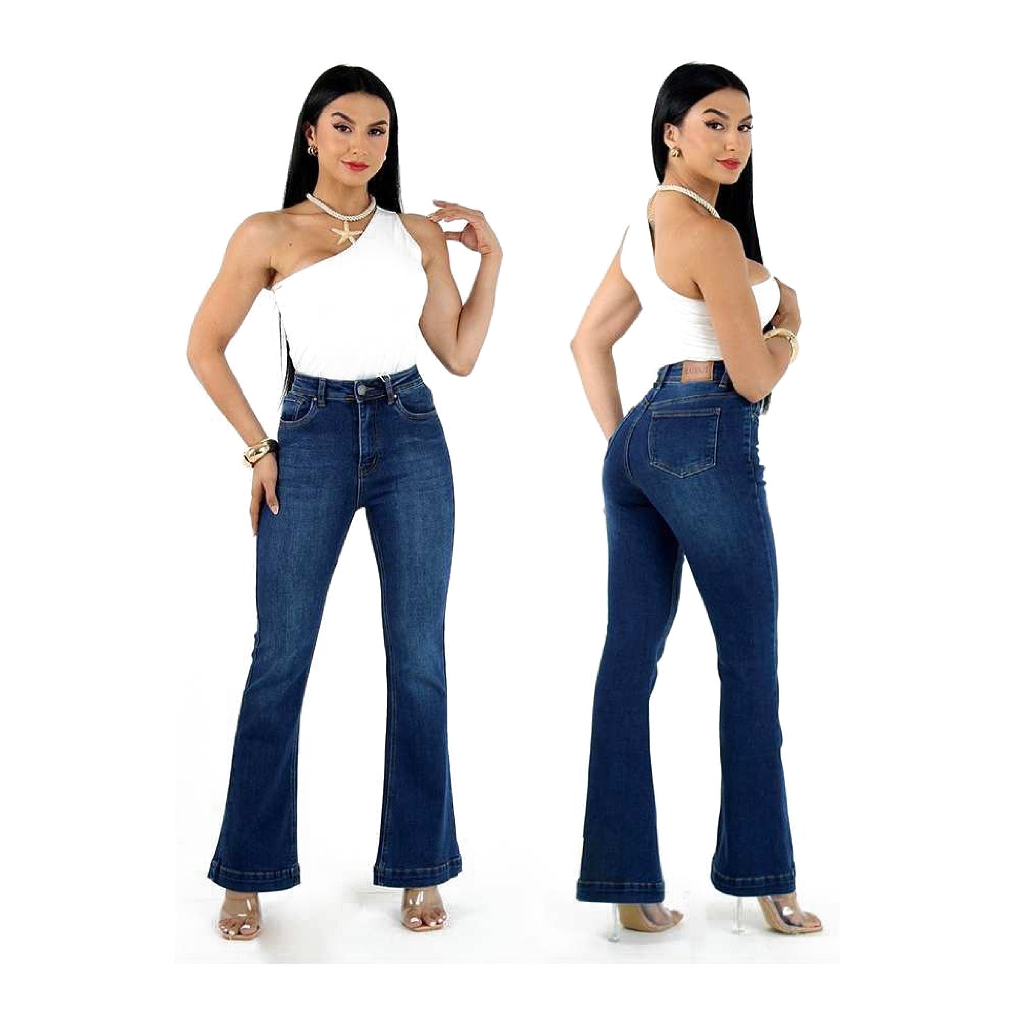 JEANS TIRO ALTO CAMPANA AZUL OSCURO CON LAVADO Y BASTA NORMAL